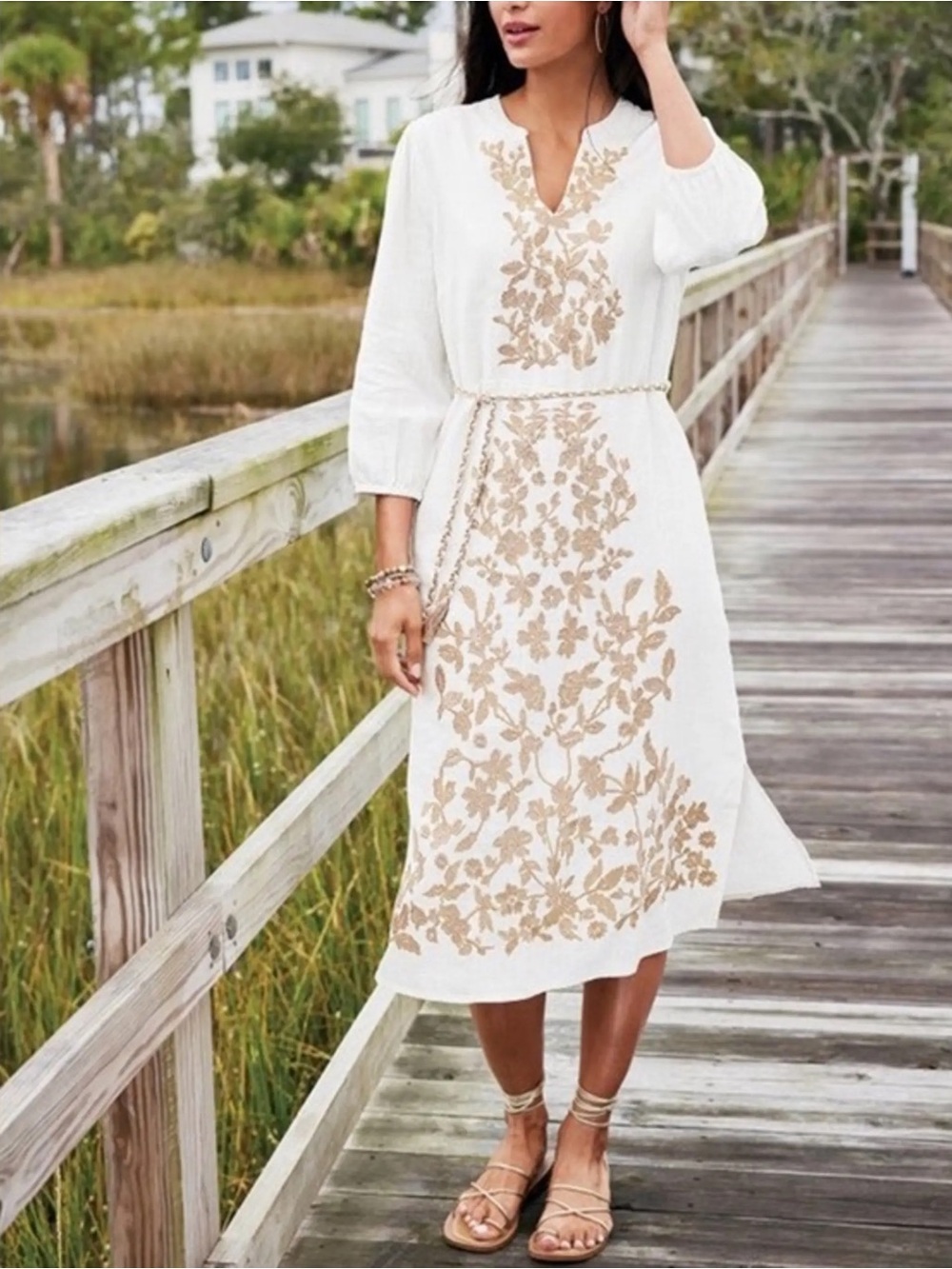 Soft Surroundings Kimora Embroidered Midi Dress Ivory Linen Blend Boho Chic PXS